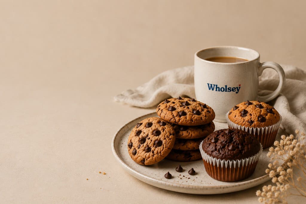 Wholsey wholesome treats โ cookies and mini muffins with coffee